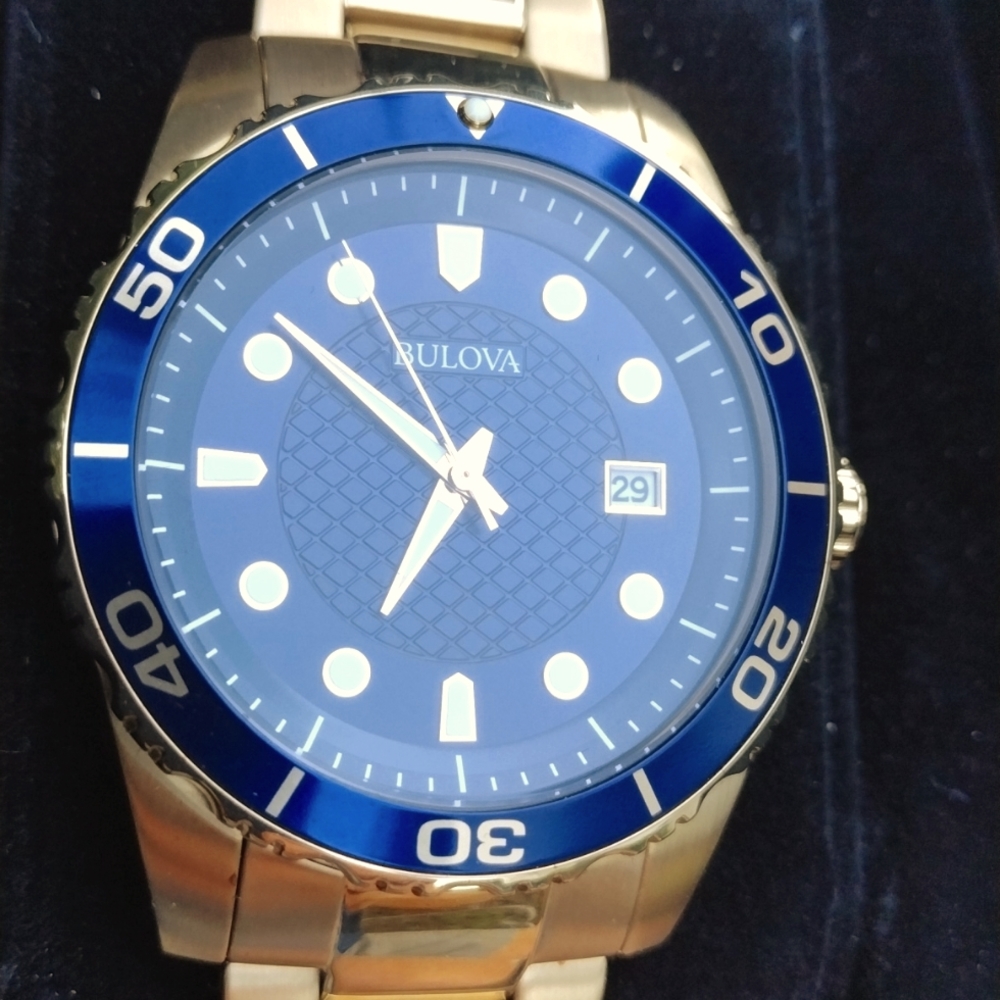 (SOLD)Bulova Men's Quartz Gold-Tone Date Indicator Blue Dial Watch 43mm 98A197 - Picture 3 of 12